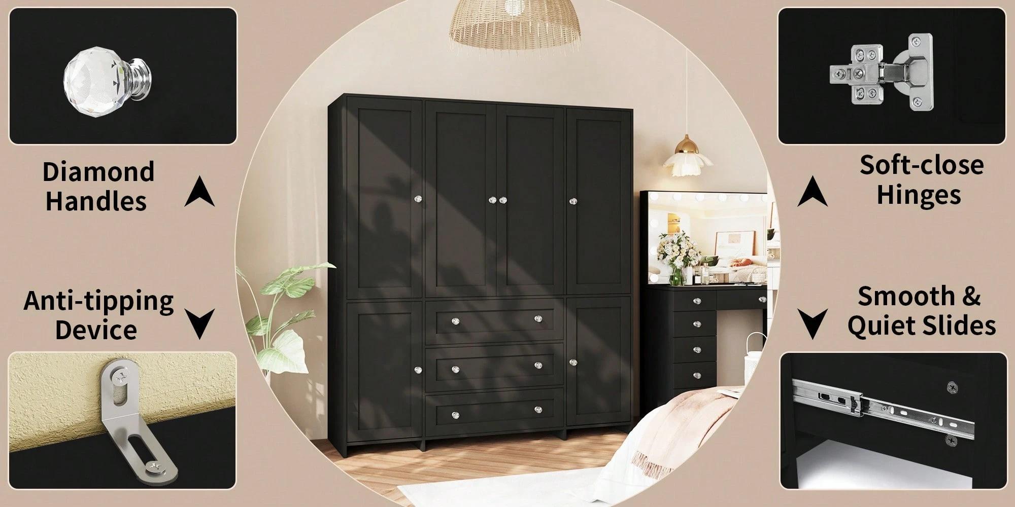 71" Large Wardrobe Closet With Mirror, Freestanding Bedroom Armoire With 3/6 Large Drawers & 2/4 Doors, Clothes Storage Organizer Cabinet For Bedroom