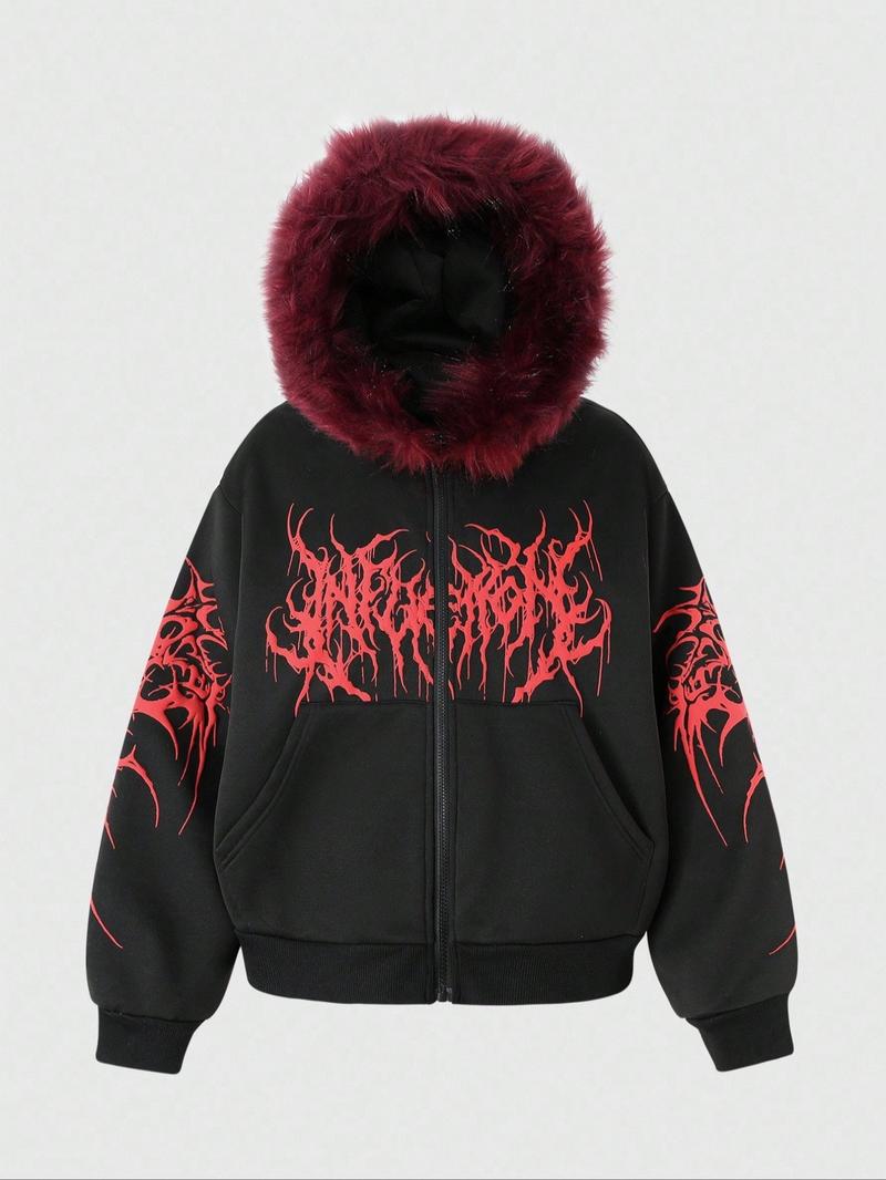 Unisex Y2K Gothic Angel Print Hooded Jacket, Hat with warm fleece lining,Fleece Lined, Zipper Design, Street Fashion, Warm and Stylish, Outdoor and Daily Wear