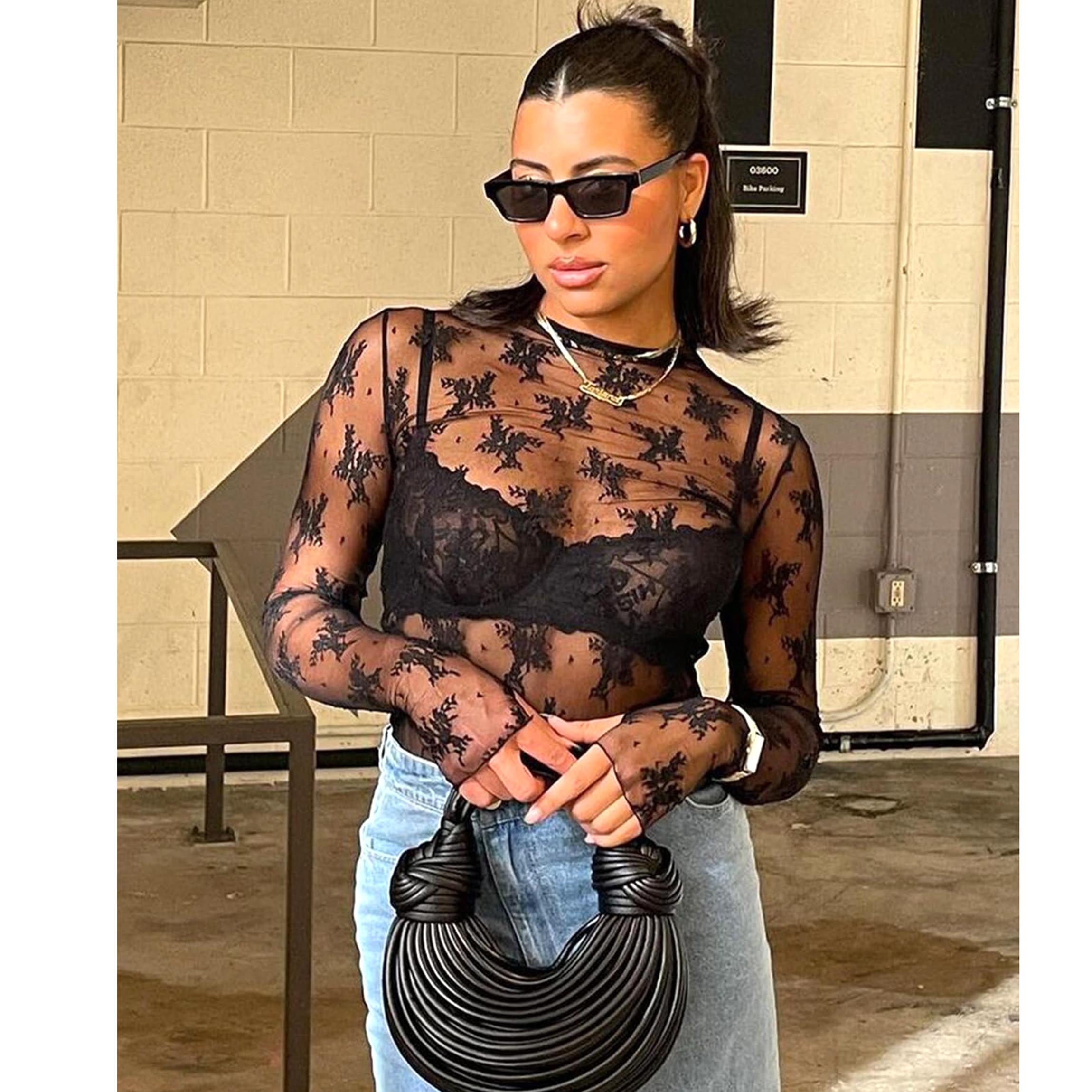 Buenoble Womens Mesh Long Sleeve Tops Crew Neck Sexy See Through Lace Sheer Floral Blouse for Party Club Night Out SpringStatements