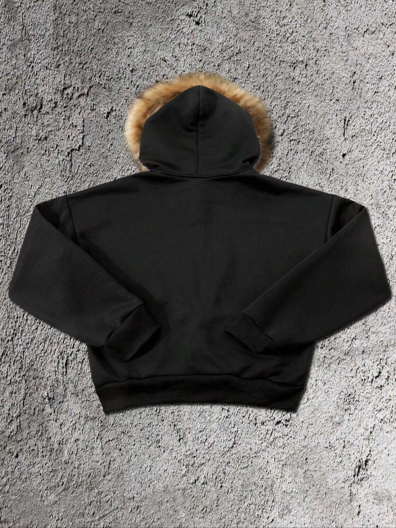 Unisex Zippered Hoodie with Faux Fur Collar, Color Block Star Print Street Style, Retro Urban Fashion for Spring & Fall