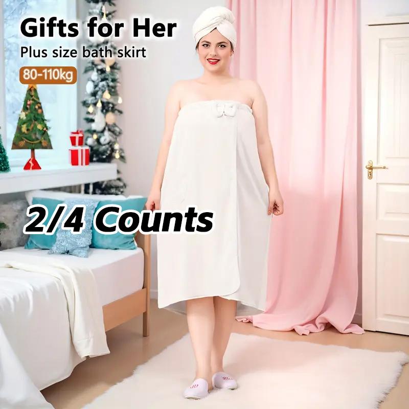 Plus Size Solid Color Bathrobe, 2/4 Counts Soft Water Absorbent Bath Skirt & Hair Drying Cap, Bathroom Supplies for Home Hotel Salon