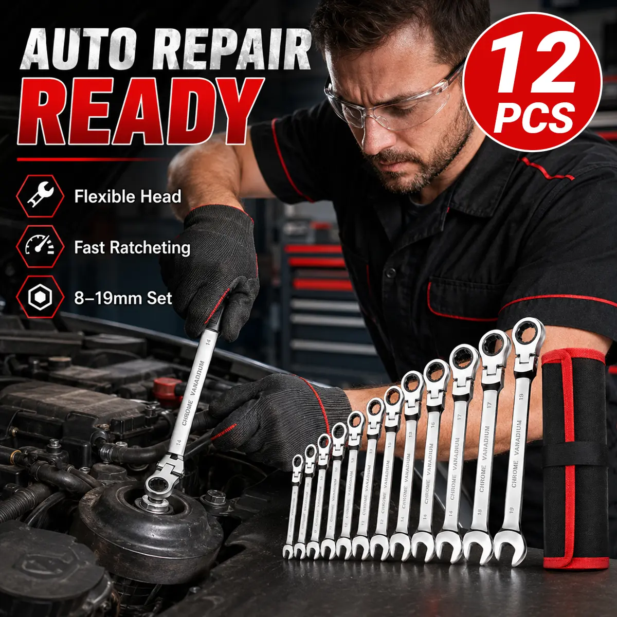 12-Piece Flex Head Ratcheting Wrench Set 8-19mm, 72-Tooth 180° Swivel Combination Wrenches, Chrome Vanadium Steel Open End & Box End Spanner Tools with Storage Roll for Auto Repair, Garage, Mechanic, DIY Home Maintenance