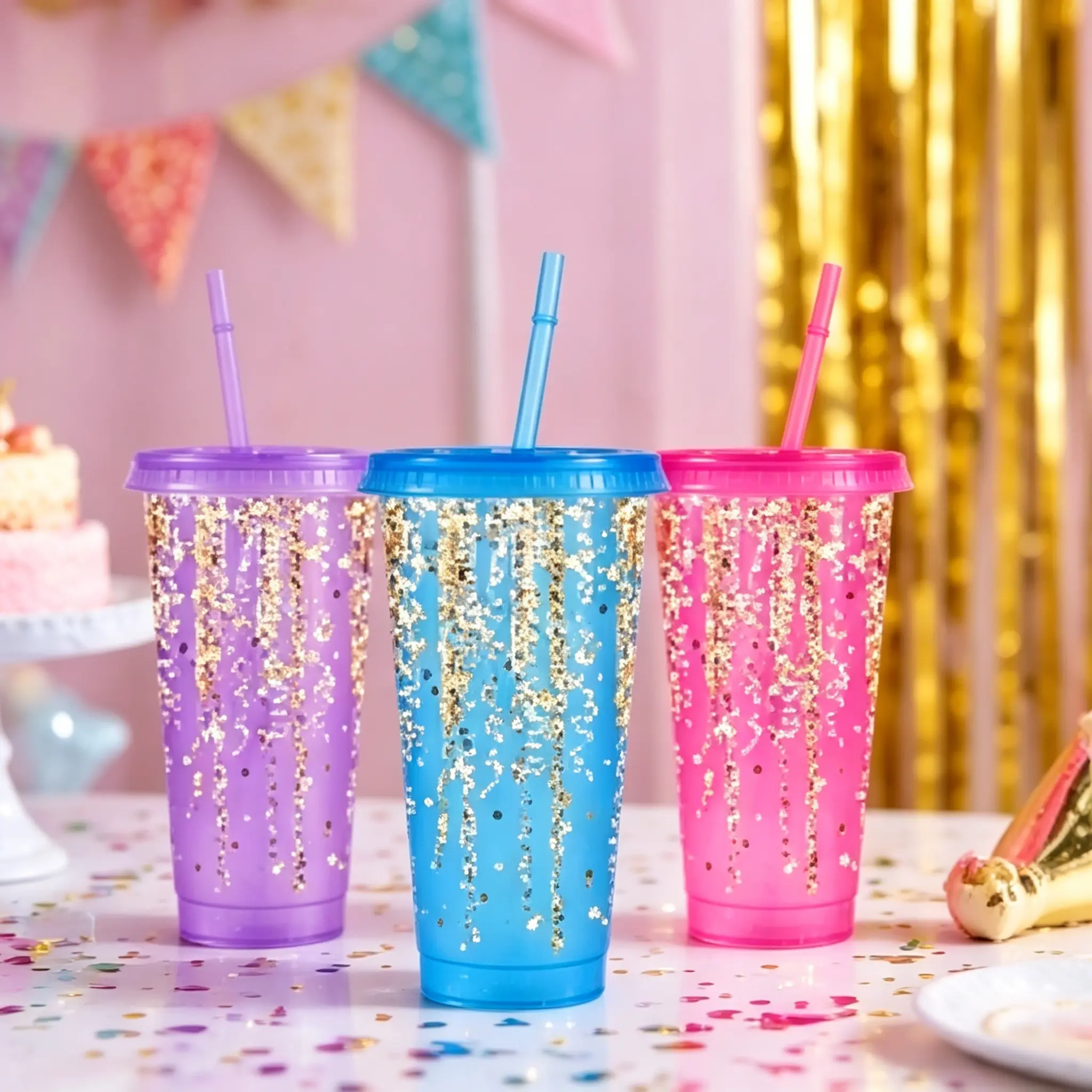 10pcs/24oz/710ml/Bright Glitter Plastic Tumblers With Lid And Straw,Iced Coffee Cup,Festival Party Supplies,Sparkling Gold And Silver Spiral Streamers With Star And Dot Confetti, Festive Party Gift Decorations,Ideal Gift For Family And Friends