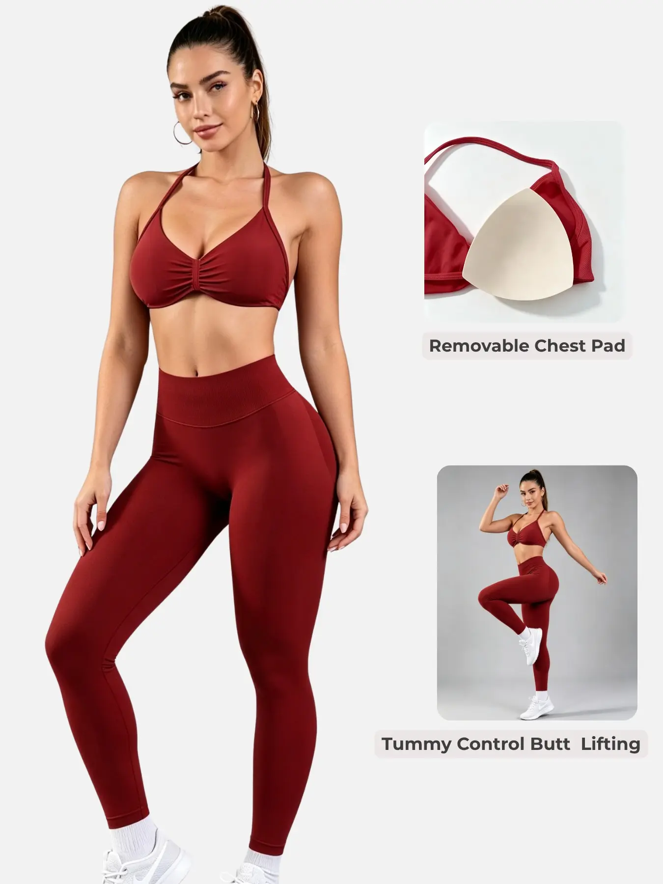 Seamless Women’s 2-Piece High Impact Workout  Set Removable Pads Halter Backless Top Sports Bra High Waist Pants Tummy Control Lifting Yoga Leggings for Women, Soft Breathable Quick Dry High Stretch Activewear for Female, Yoga, Pilates, Running & Gym