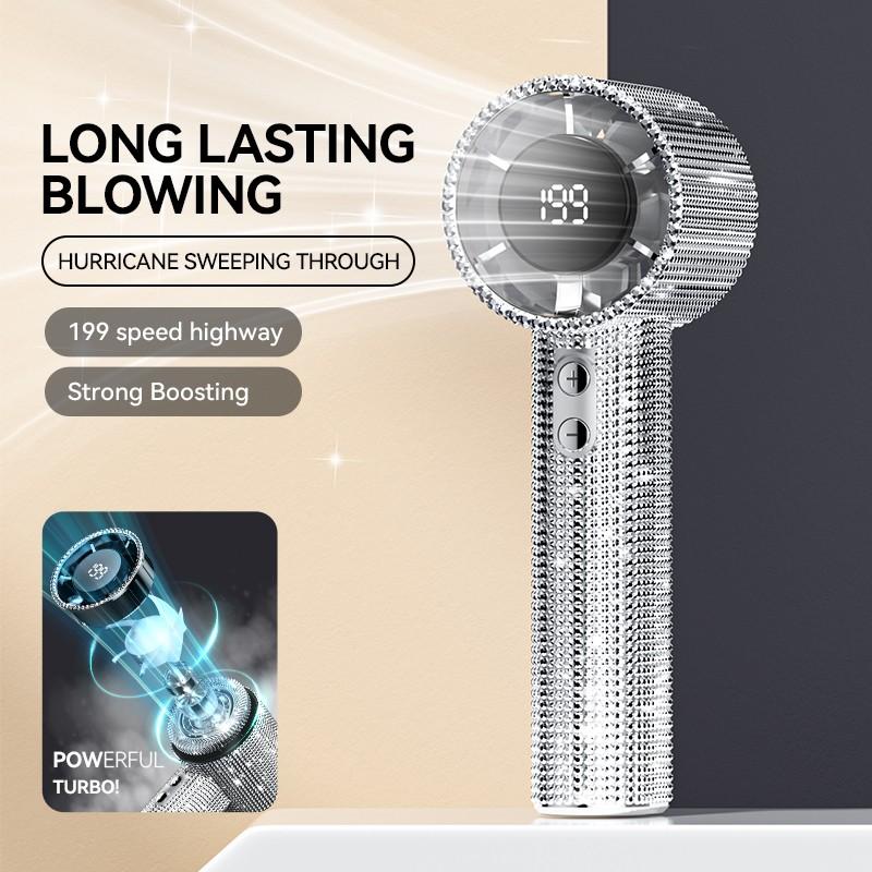 Portable Handheld Turbo Fan, Fashion Full Diamond Design, 1800mah USB Rechargeable, Personal Battery Operated, Mini Pocket Fan for Travel Outdoor