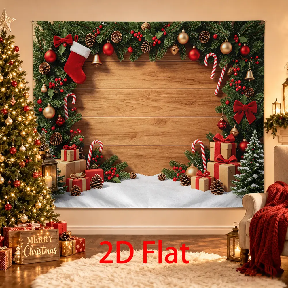 Rustic Christmas Backdrop, Wood Wall Pine Garland Gifts Candy Cane Photo Background