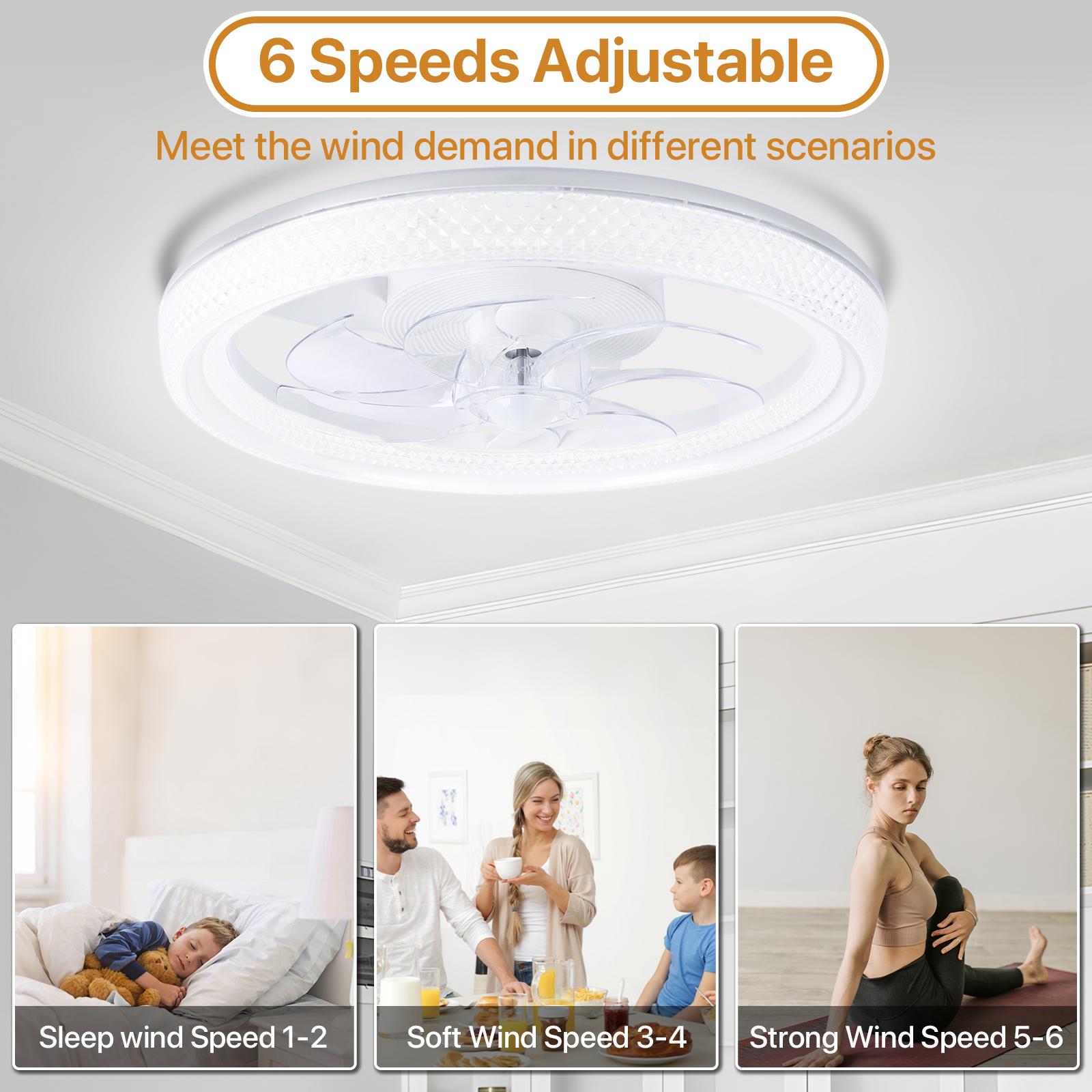 GLITGATE Ceiling Fan with Light, White Crystal Fan, 6-Speed + Reversible Motor Design, APP Remote Control, Timer Dimming, 3 Color Temperatures for Bedroom Living Room Study - Hardwired Power Design