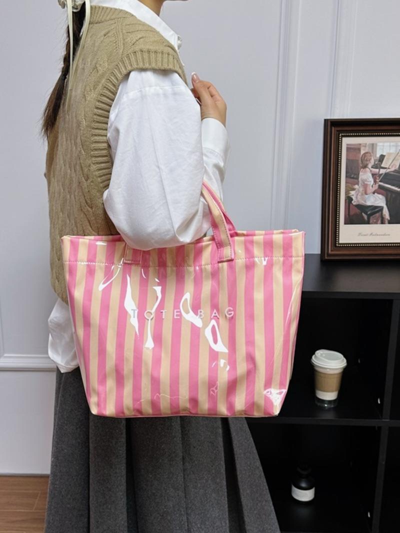 Valentine's Day New Sweet Fresh Stripe Tote Bag, Shiny PVC Large Capacity Commuter Bag, Casual Trendy Bag, Perfect for Spring Summer Shopping