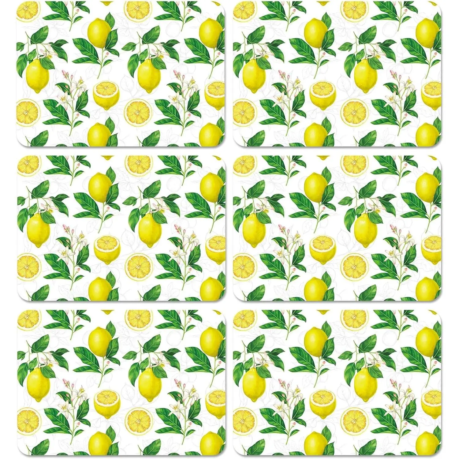 Classic Yellow Lemonade Themed 6-Piece Plastic Placemats, Waterproof Washable Vinyl Table Mats for Happy Birthday, Indoor-Outdoor Kitchen Dining Decor