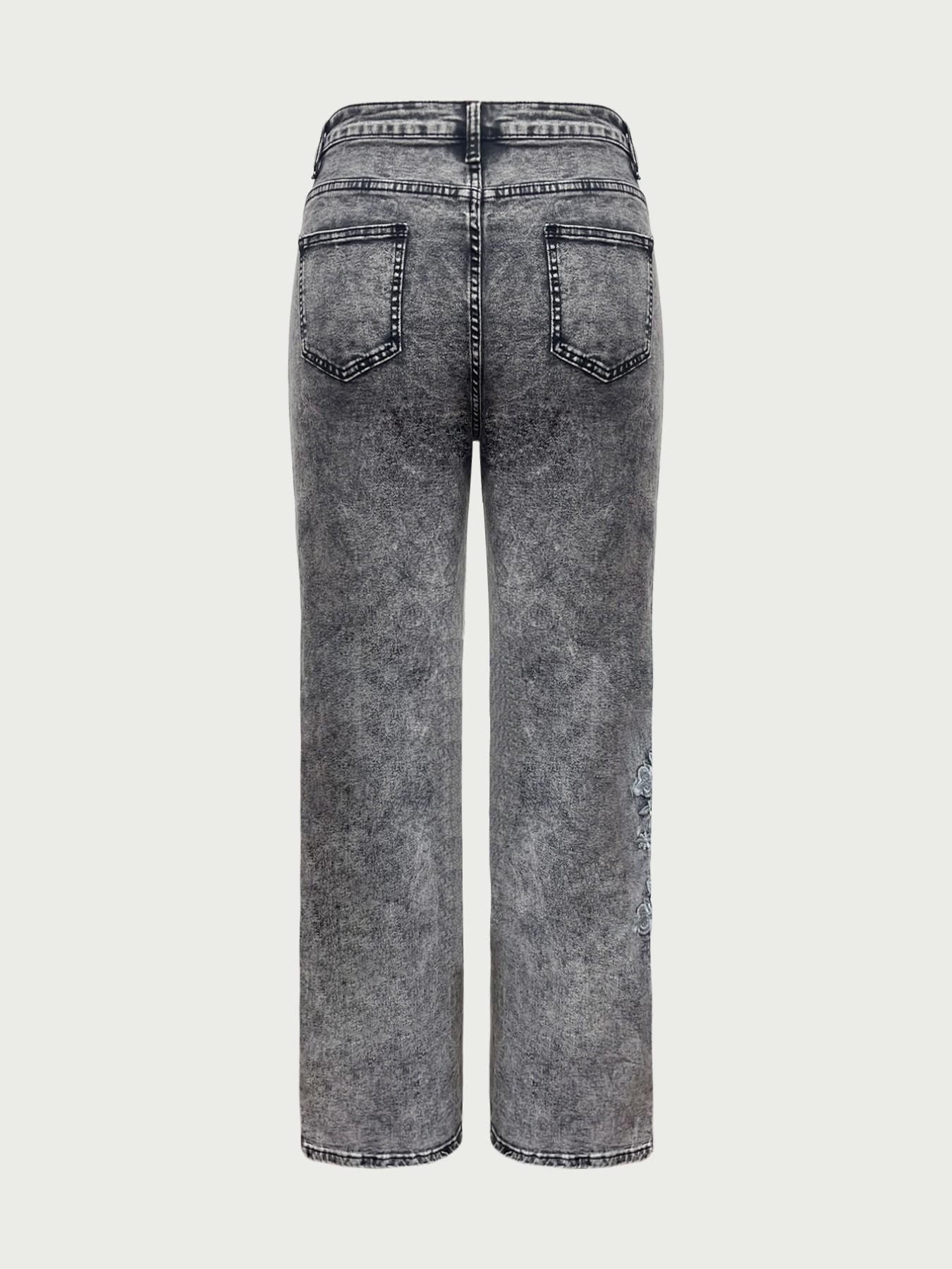 Women's Denim Jeans Embroidered Loose Fit Elastic Straight Leg Pants Fashion High Street Trendy Long Jeans