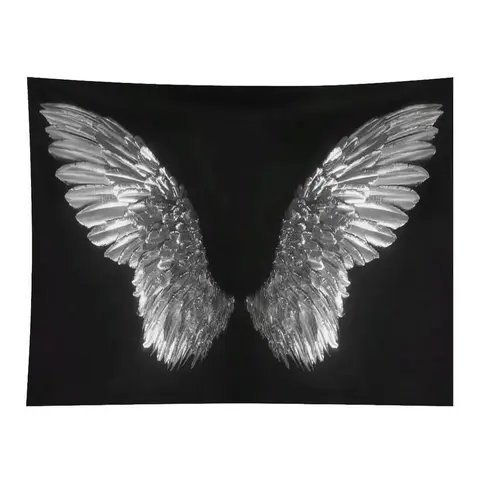 Silver Metallic Angel Wings Black Background Minimalist Wall Tapestry - Fast Shipping Wall Hanging with Sacred Gothic Aesthetic, Simple Wing Art Decor for Photo Booth Backdrop, Room Decor