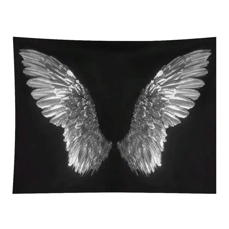 Silver Metallic Angel Wings Black Background Minimalist Wall Tapestry - Fast Shipping Wall Hanging with Sacred Gothic Aesthetic, Simple Wing Art Decor for Photo Booth Backdrop, Room Decor