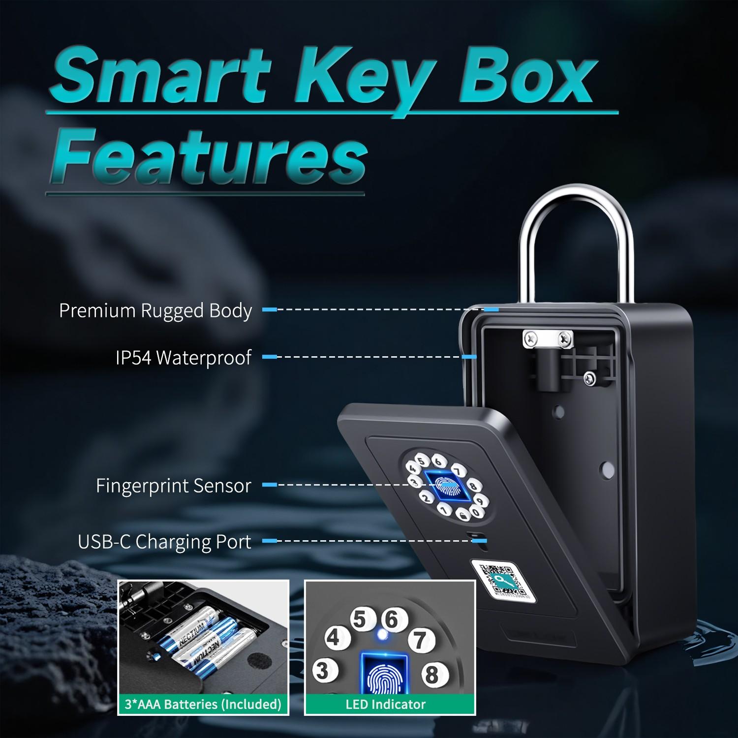 OKLOK New Smart Lock Boxes, Fingerprint Key Box, Bluetooth-compatible Key Box with APP Control & Passcode, Waterproof Wall Mounted & Door Hanging