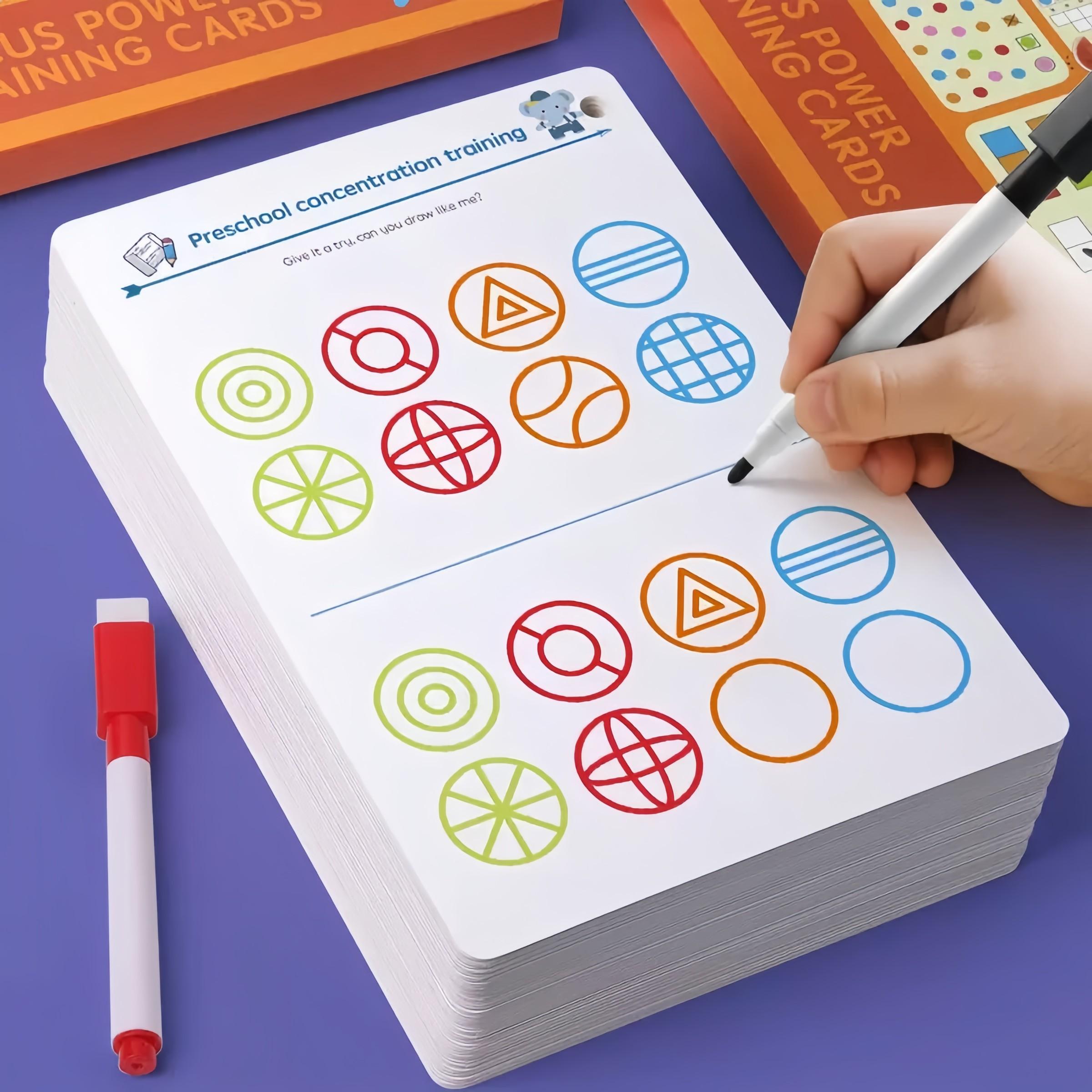 1 set Focus Mind Training Cards Set, Early Education Tool, Reusable Erasable Writing Practice, Handwriting Stickers, Tracing Book Kit, Learning Materials, School Supplies