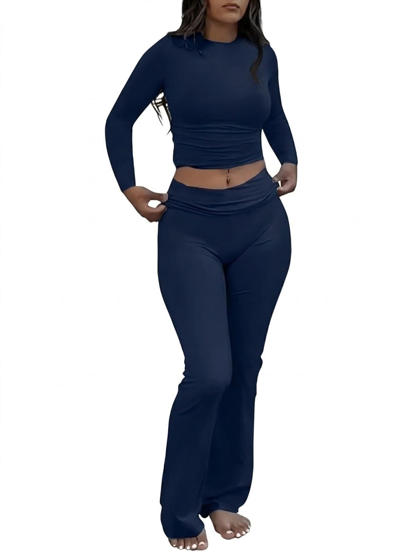 Women's Solid Long Sleeve Crop Tee & Flare Leg Skinny Pants Loungewear Set, Casual Round Neck Top & Bell Bottom Leggings, Sleepwear Set for Women