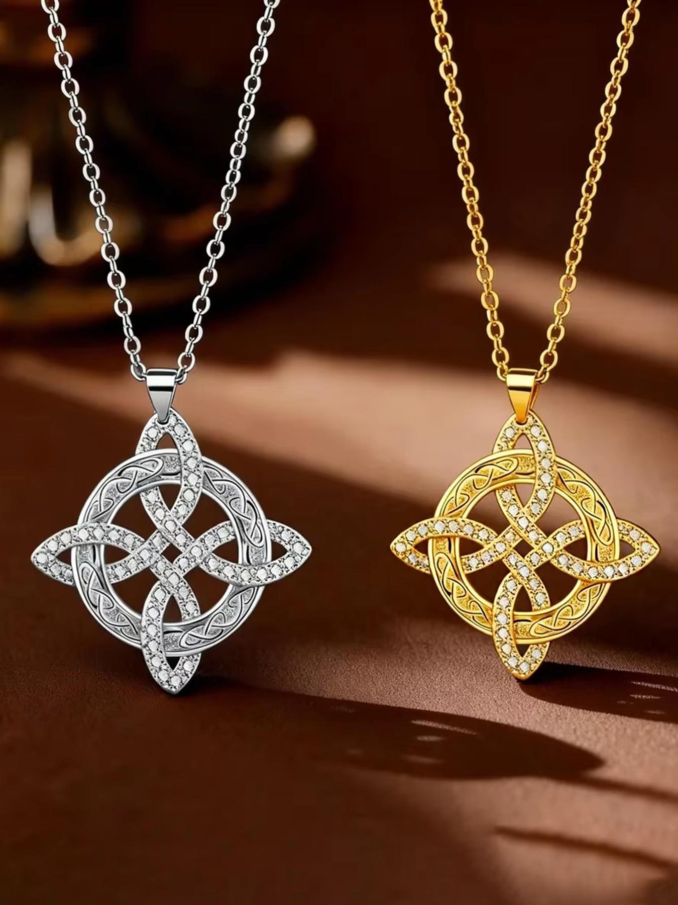 Classic Witch's Knot Necklace — A Luxurious Gold/Silver-Tone White Crystal Necklace for Women, Featuring a Zircon-Inlaid Trinity Knot. A Symbol of Good Luck, This CZ Pendant Serves as a Witchcraft Talisman and Protective Wiccan Jewelry.