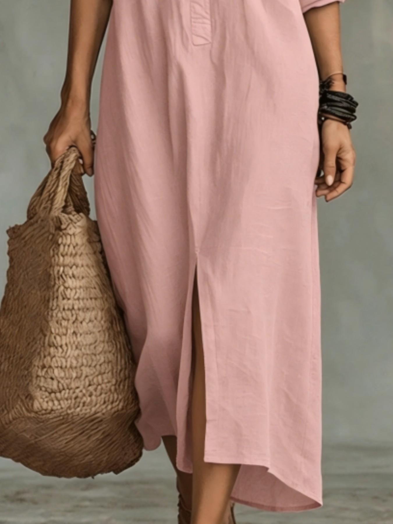 2026 Spring Summer Cross-Border Casual Solid Color Notched Lapel Front Split Long Dress, Trendy Women's Fashion, Comfortable & Stylish