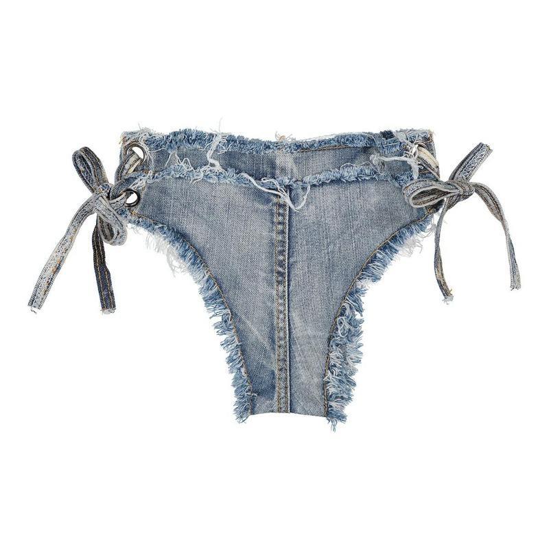 Women's 2-Piece Denim Bikini Swimsuit Set - Distressed Fringed Top, Denim Hot Pants, Beach Wear for Beach Outings, Bar Performances