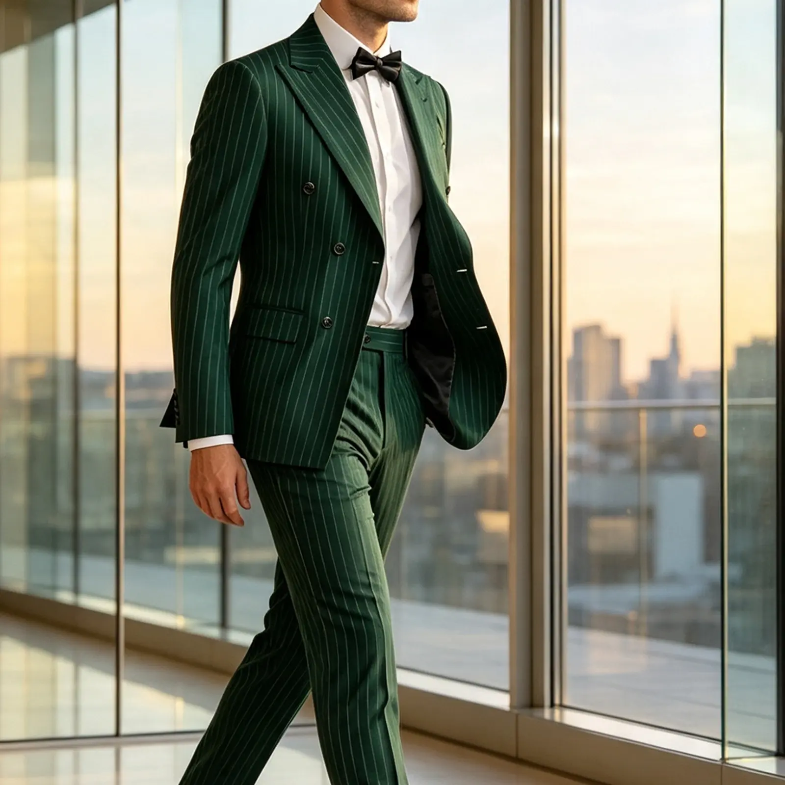 Dark Green Pinstripe Mens 2 PCS Suit Double Breasted Formal Blazer Pants Set with Complimentary Bow Tie for Wedding, School Start Season