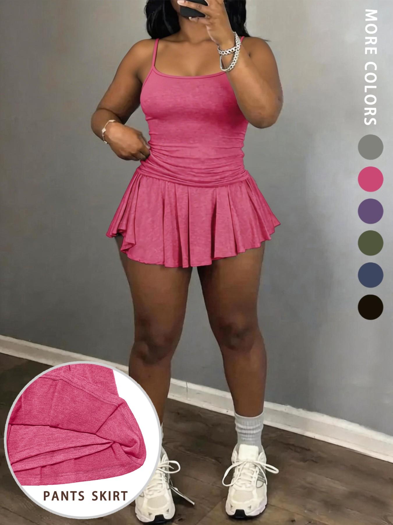 Fashion Sporty Halter Top Women's Set, Integrated Anti-Slip Design Running Sports Short Skirt Two-Piece, Casual Style