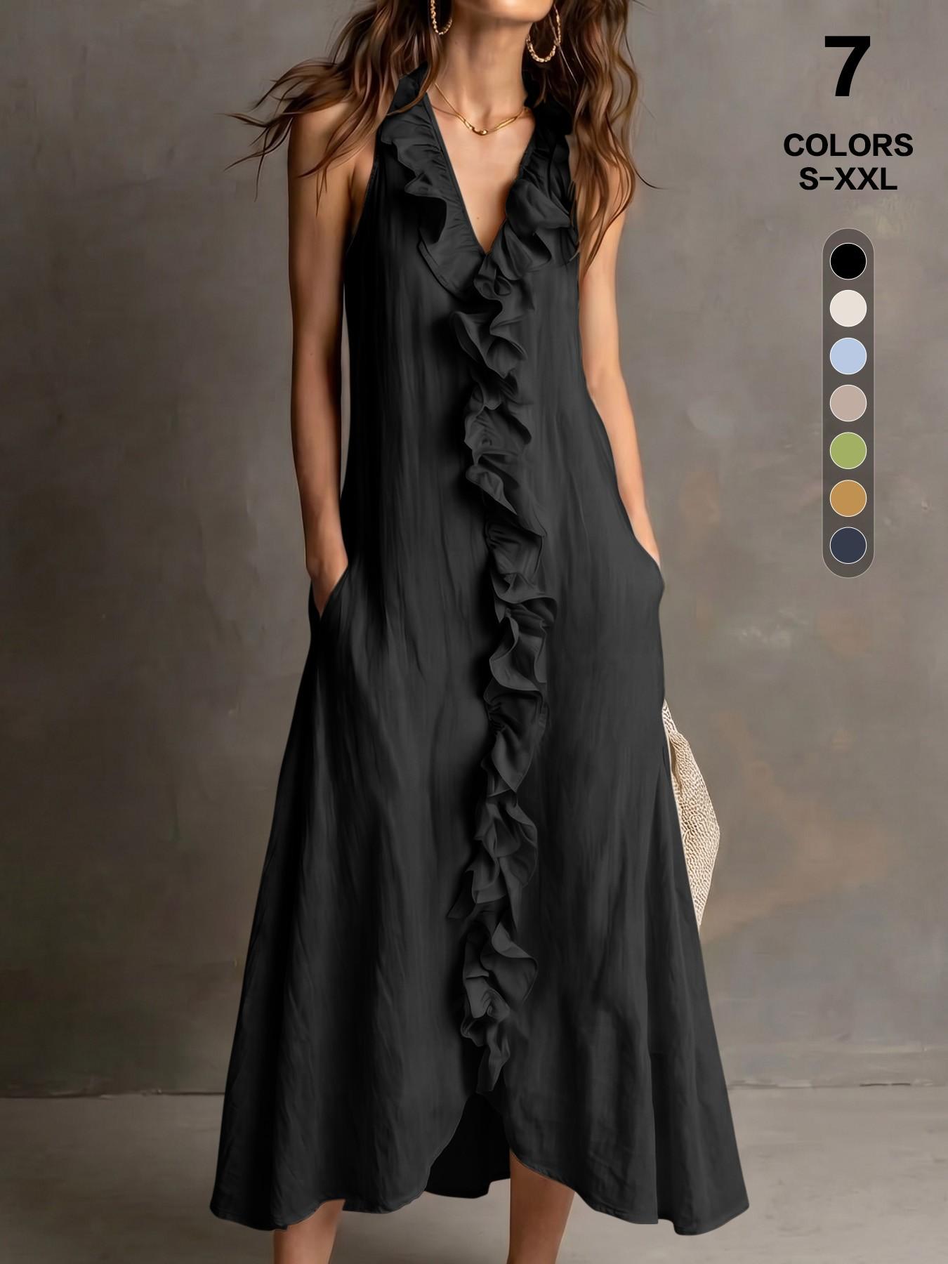 Elegant Chic Summer Boho Bohemian V-Neck Sleeveless Halter Maxi Dress for Women with Ruffle Trim, Comfortable Textured Fabric, Pockets, Multi-Size, Casual Wear, Everyday & Vacation Wear, Womenswear
