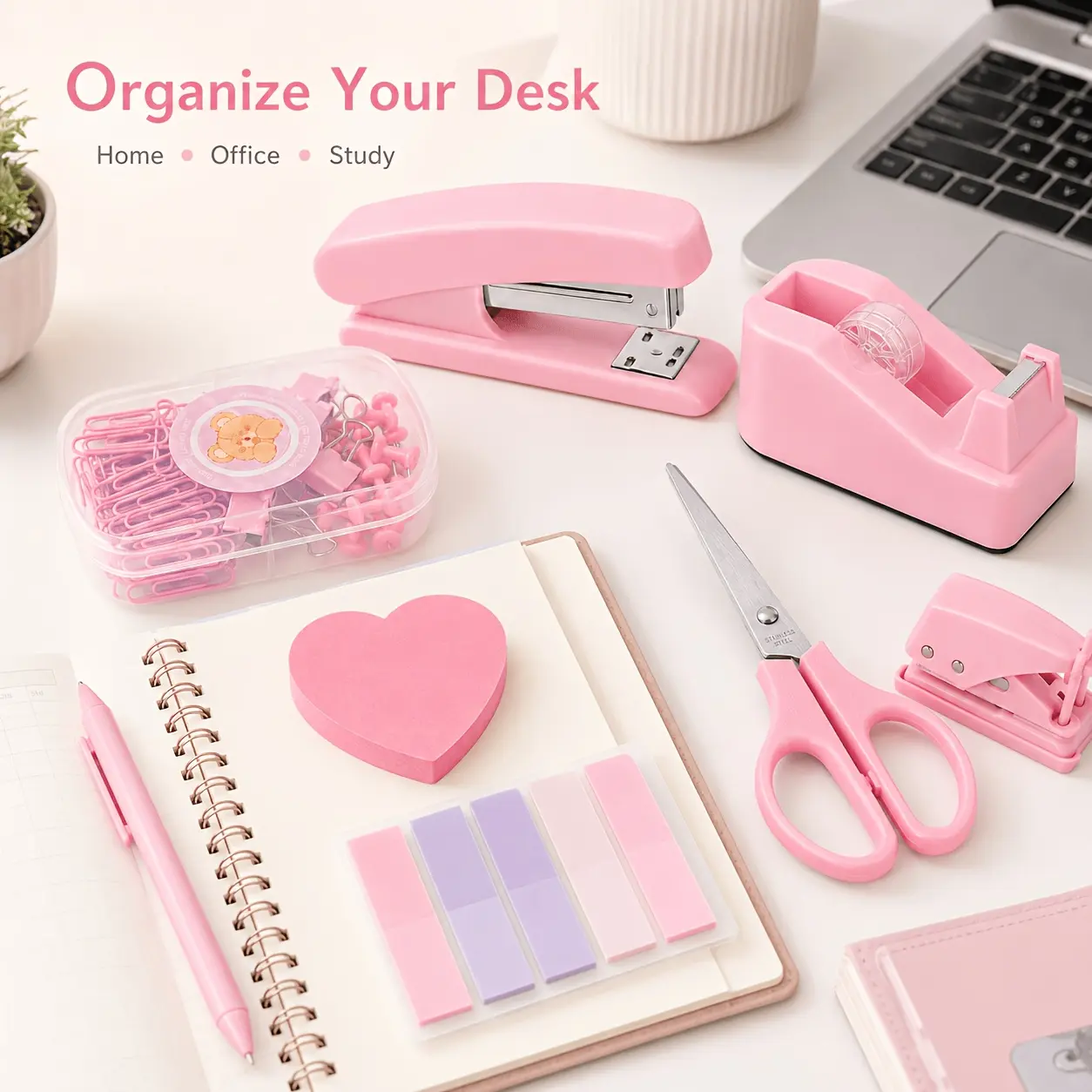 13pcs Office Supplies Set, Desk Organizer with Aesthetic Stationery Additions Kits, Includes Retractable Eraser, Stapler, Tape Dispenser, Scissors, Hole Punch, Ruler, And Sticky Notes for School (Multi-Colors)