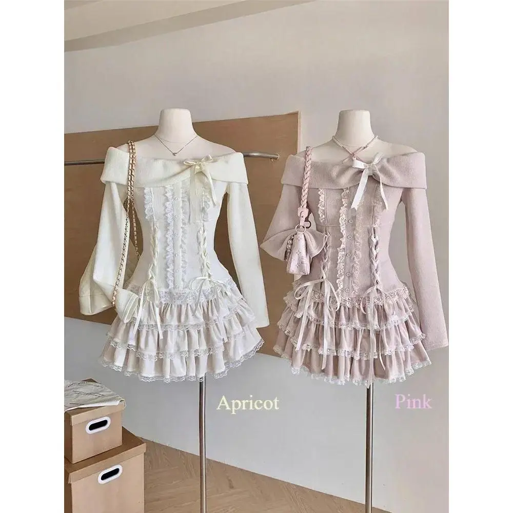 Autumn Winter New Two Piece Set Kawaii Bow Off Shoulder Long Sleeve Tops + 2yk High Waist Ruched Cake Skirt Japanese Pink Suits