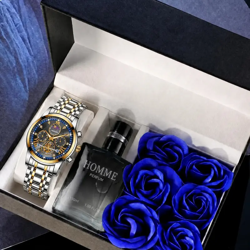 Men's Luxury Fashion Multifunctional Waterproof Night Light Calendar Watch, Quartz Movement, Stainless Steel Case, Father's Day Gift Set, Fashionable Waterproof Watch
