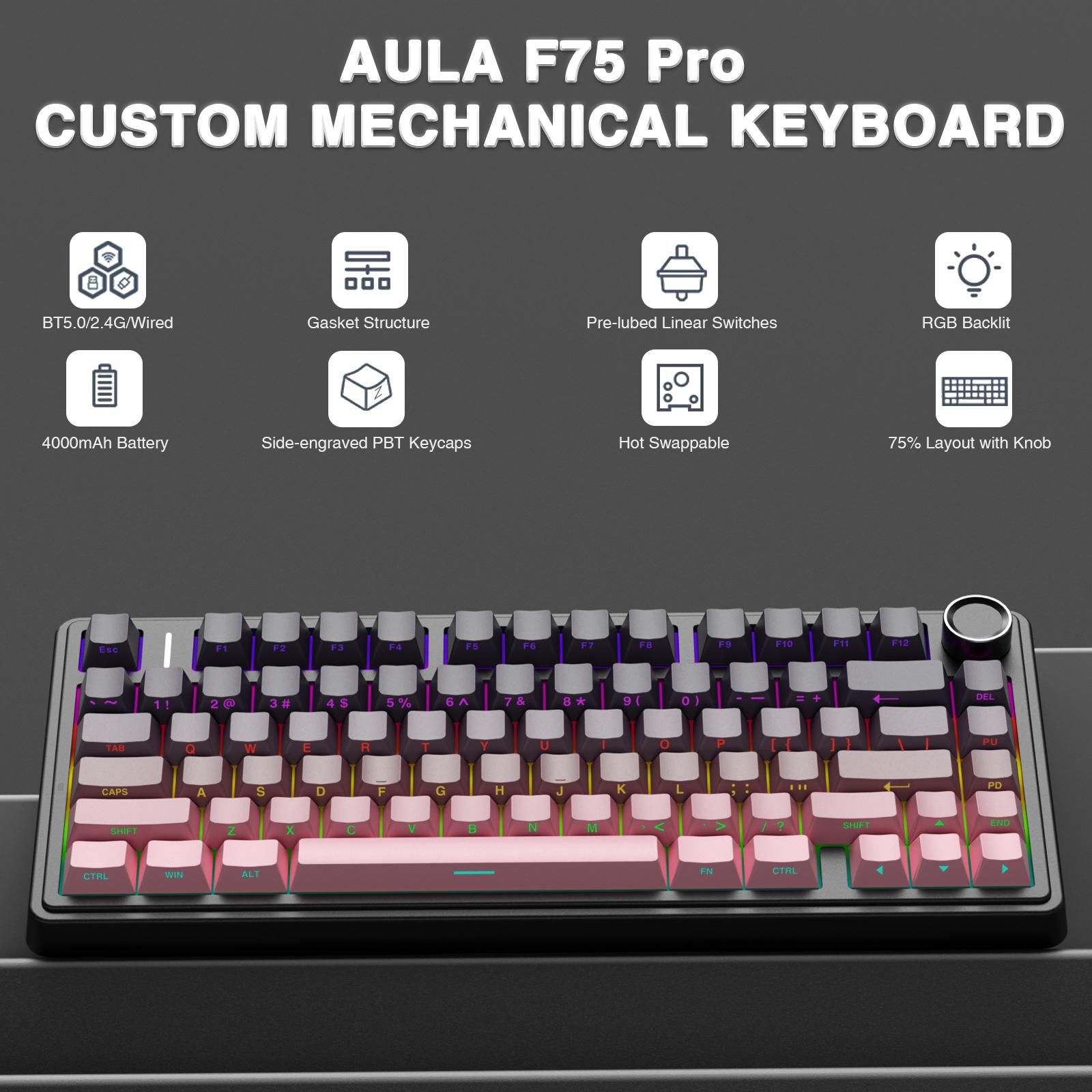 AULA F75 Pro Wireless Mechanical Gaming Keyboard with Knob Control 75% Washer Hot Swappable Custom Keyboard, Tri-Mode 2.4GHz/USB-C/BT5.0 RGB Backlight, Pre-lubricated Reaper Switches, PBT Keycaps (Gradient Pink)   FallFreshness TikTokShopfalldealsforyou