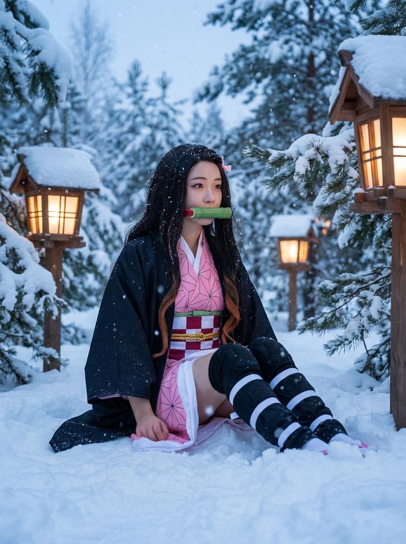 Demon Slayer Nezuko Cosplay Costume Set, Complete Anime with Kimono Bamboo Props, Halloween Cosplay for Women