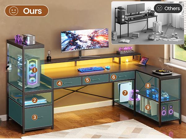 SEDETA 59Inch L Shaped Gaming Desk with PC Display Stand, Reversible Computer Desk with Storage Shelves, 4 Drawer & LED Lights, Modern Gamer Desk Table with Power Outlet, Monitor Stand