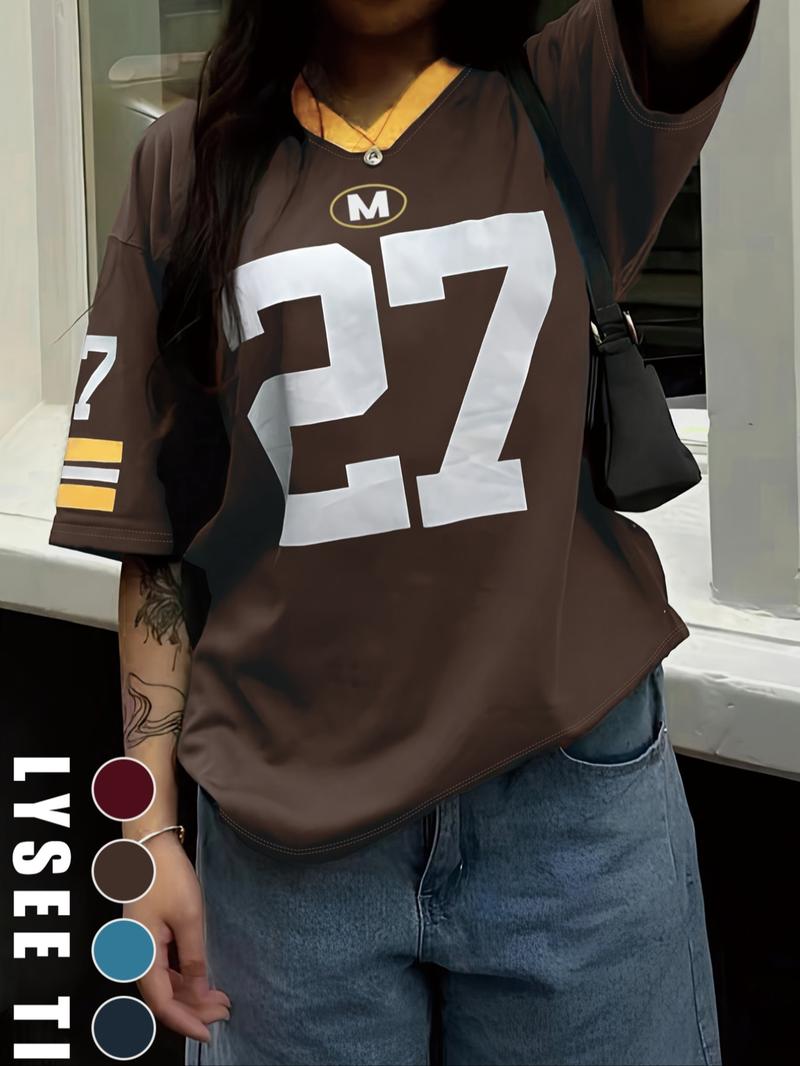 Women's Number Print V Neck Tee, Casual Fitted Short Sleeve T-shirt for Summer, Women's Top for Daily Wear