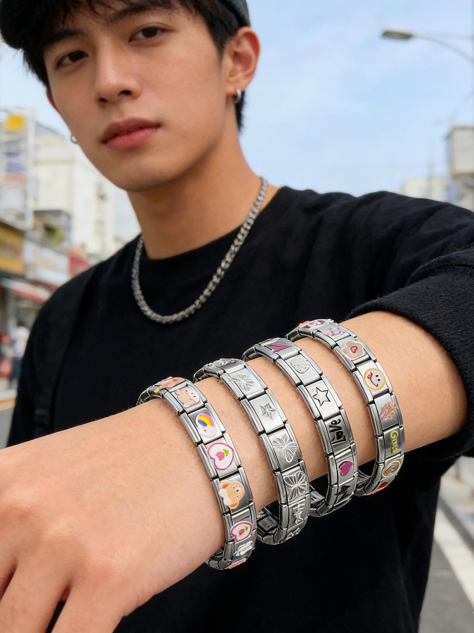 DIY 304 Stainless Steel Charm Bracelet, Modular Links with Cartoon/butterfly/heart Stickers, Customizable Women's Bracelet, Hypoallergenic & Fade-Resistant