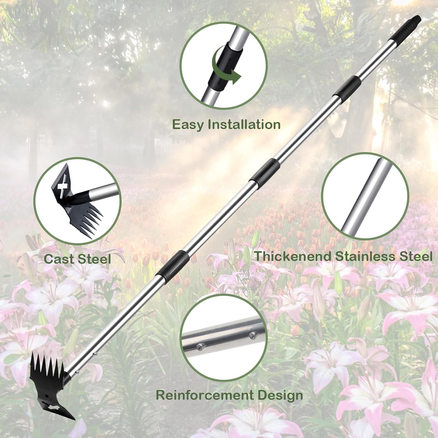 Weed Puller Tool with Long Handle, 60" Manual Weeder Remover, 2 in 1 Hand Weed Rake and Garden Hoe, for Yard, Lawn, Patio, Garden