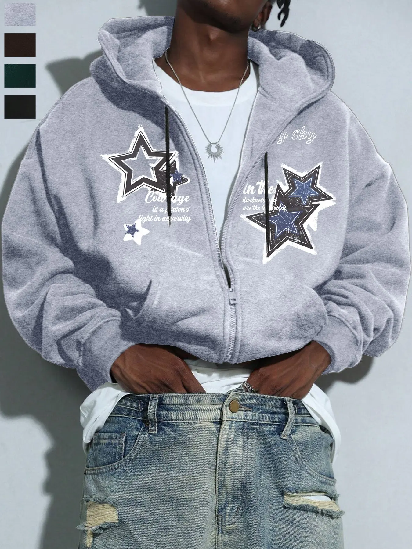 Y2K Cyber Star Print Graphic Zip Hoodie Perfect Hoodie Streetwear
