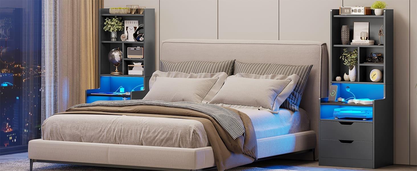 Sikaic LED Nightstand With Bookshelf Charging Station