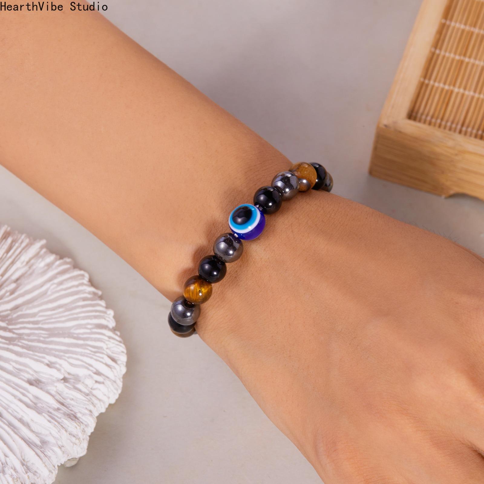 8mm Evil Eye Hematite Beaded Bracelet for Men Women | Unisex StretchEnergy Protection Bracelet, Hypoallergenic Anxiety Relief Grounding Stone Jewelry