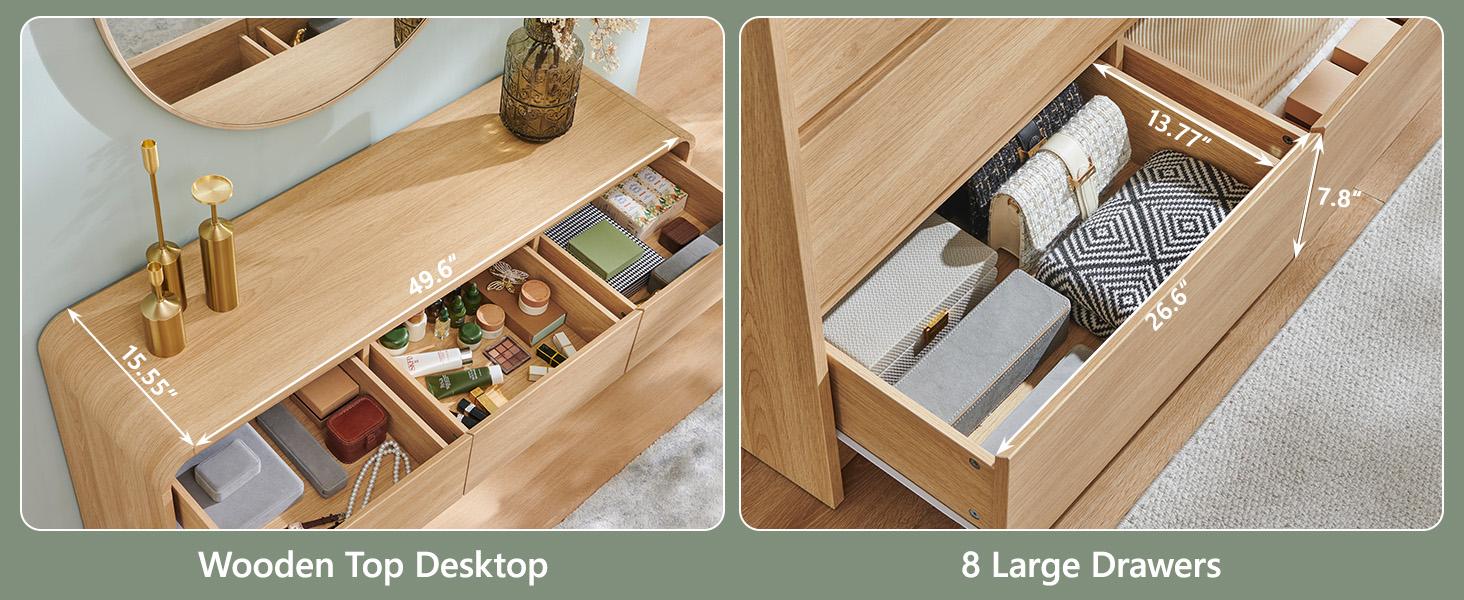 Aitjunz Modern 8 Drawers Dresser for Bedroom, 55" Wide Dressers & Chest of Drawers w/Curved Profile Design, Wood Mid Century Storage Dressers Organizer for Bedroom, Living Room, Natural Oak