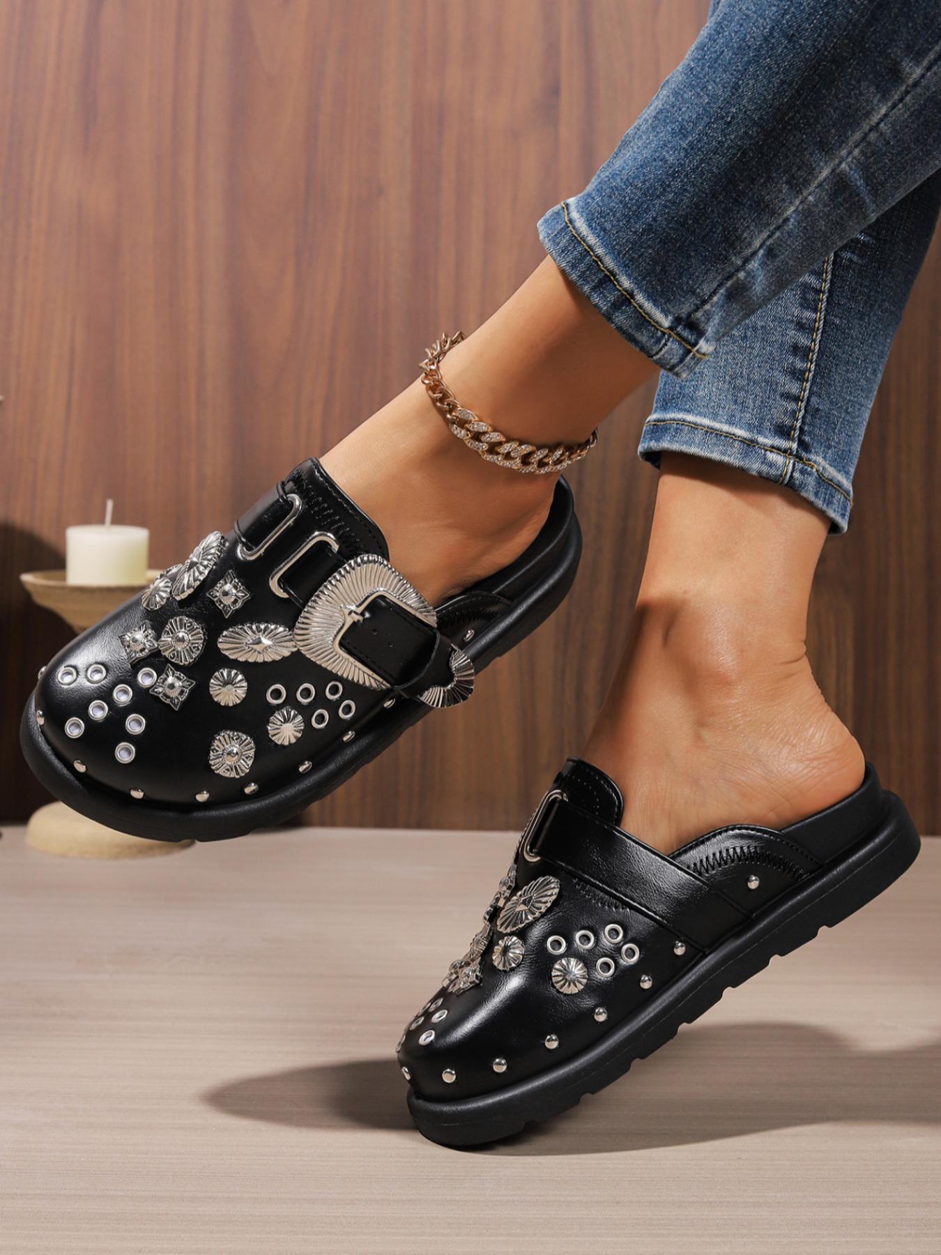 Women's Fashion One-Step Rivet Shoes, Trendy Casual Footwear for Daily Wear, Comfortable and Stylish Design, Rubber, Studded Platform Clog, Slip On Clog