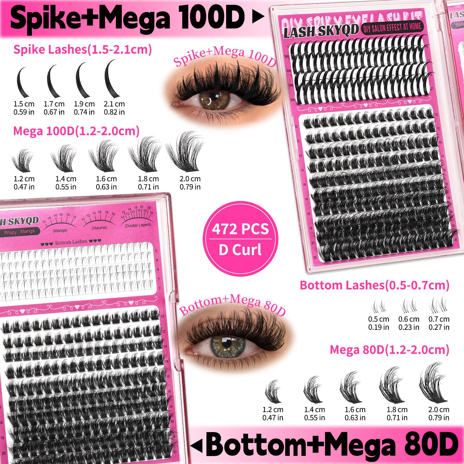 LASH SKYQD Mix Lashes Clusters Kit Gift Packs 1464Pcs With Bond&Seal Remover Tweezers Eyelash Curler Lash Brush,Bottom/Spike/Mega/Cat Lashes 3D Effect False Eyelash DIY Individual Clusters Lash Kit Perfect for Beginners & Proficient, Eyelash Extension Kit
