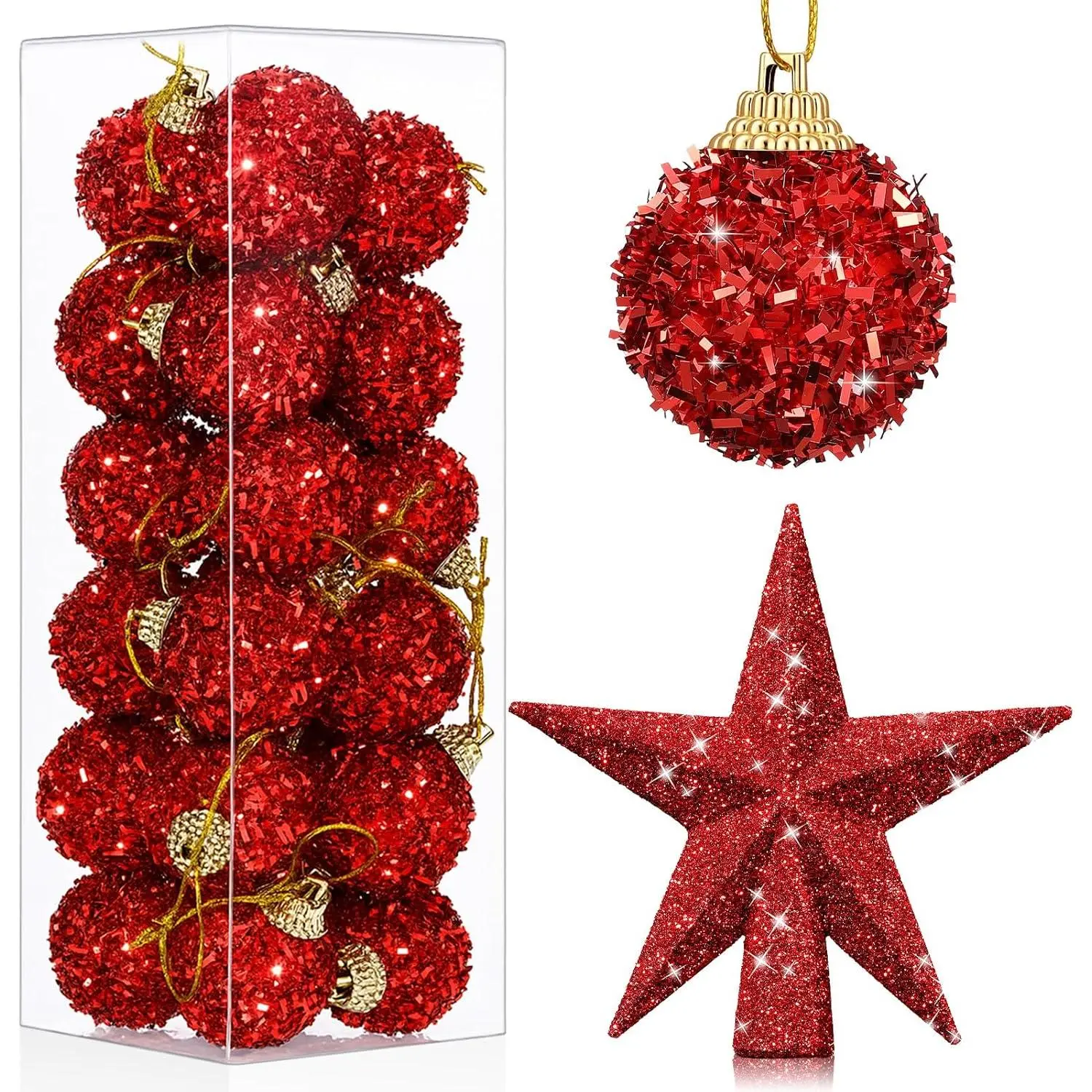 25 count Mini Small Tinsel Christmas Balls Ornaments 1.18 Inch Christmas Decorations Tree Balls Mini Tree Topper   for Miniature Trees Sparkly  Ball for Xmas Party(Red)
