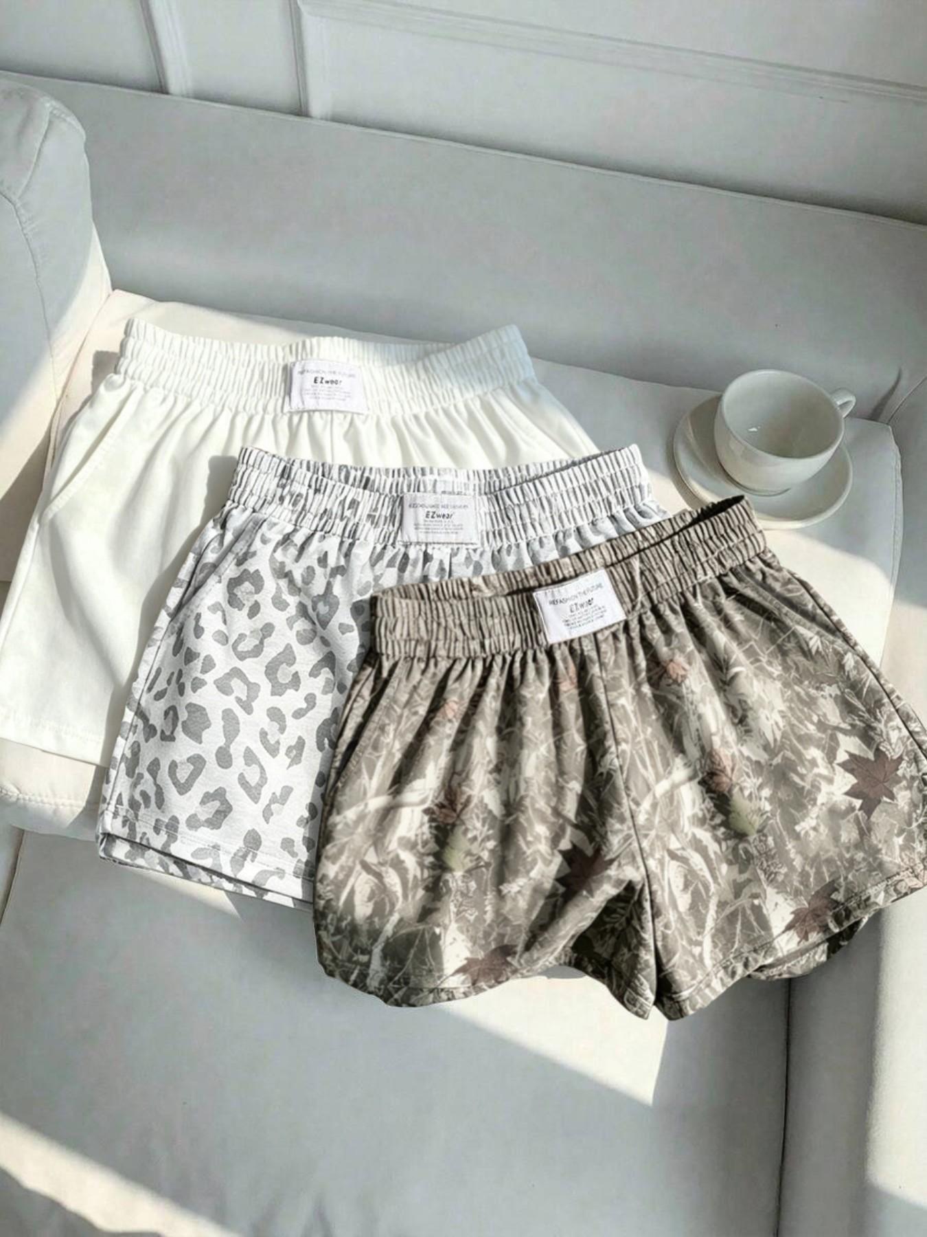 3-Pack Women's Summer Casual, Fashion, Elastic Waistband Shorts: Leopard Print + Solid Color – Comfortable, Loose Fit. Soft fabric, slant pockets, letter tag design. Suitable for daily light exercise, going out, home wear