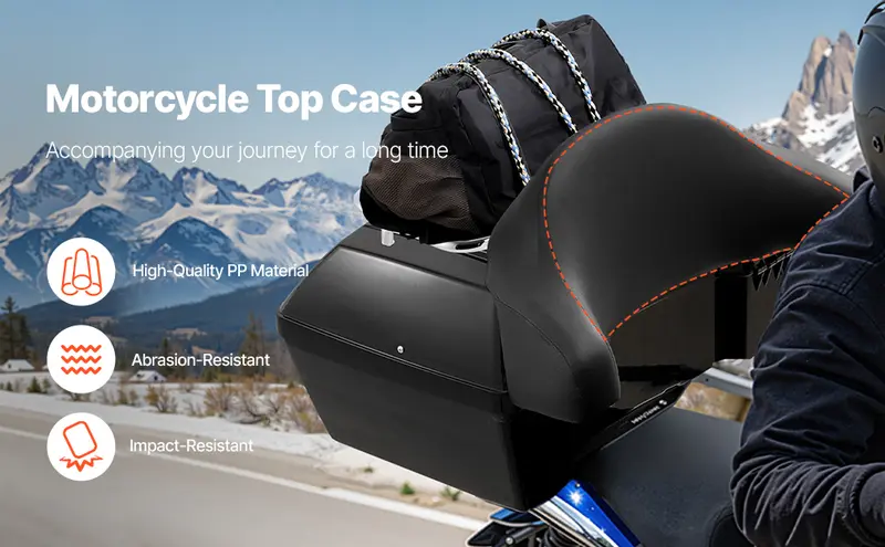 VEVOR 48L PP Plastic Motorcycle Trunk, Universal Durable Motorbike Top Case with Reflective Panel, Waterproof Detachable Multi-Hole Base, Lumbar Support Back Cushion, Extra Storage Space, Easy Loading, Fits 99% of Frames for Daily Travels