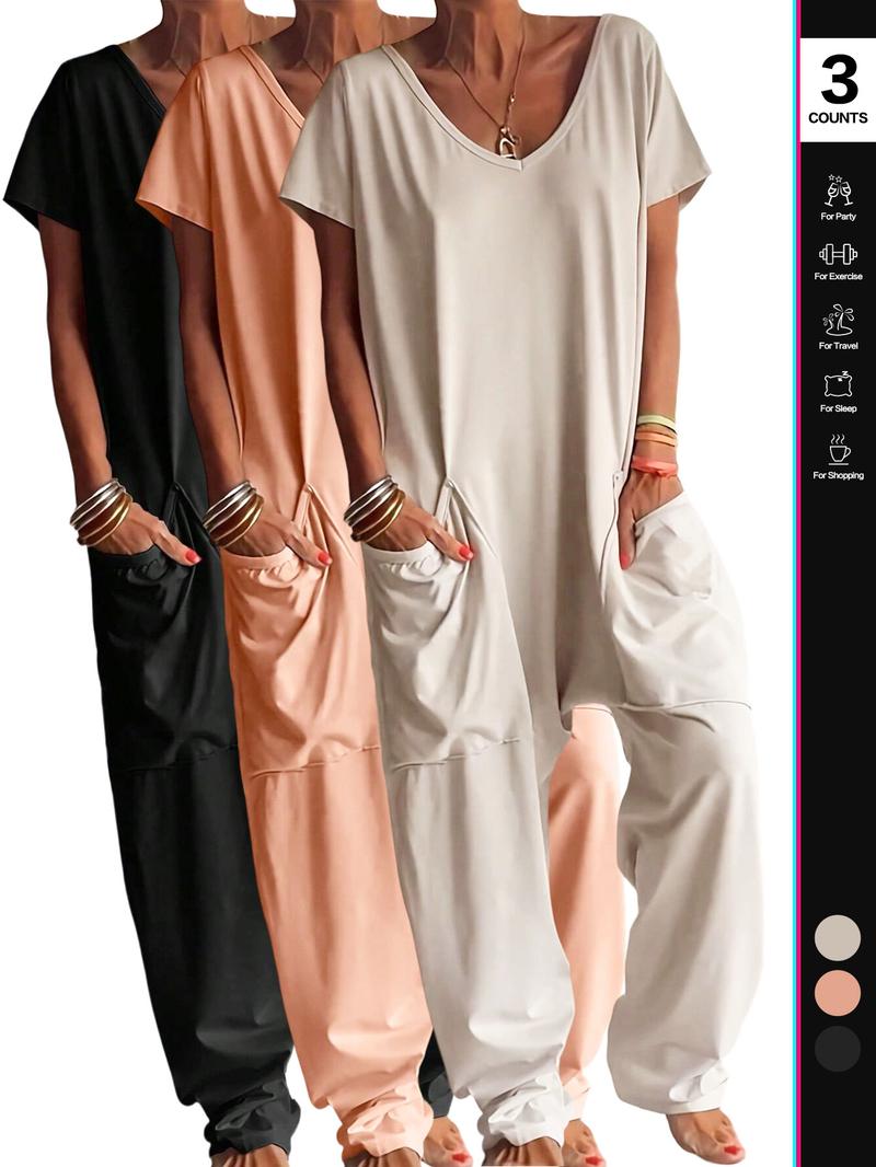 Women's Casual Jumpsuit, Short Sleeve V-Neck Design, Loose Fit Wide-Leg Romper, All Season Wear, Plain Pattern, with Pockets