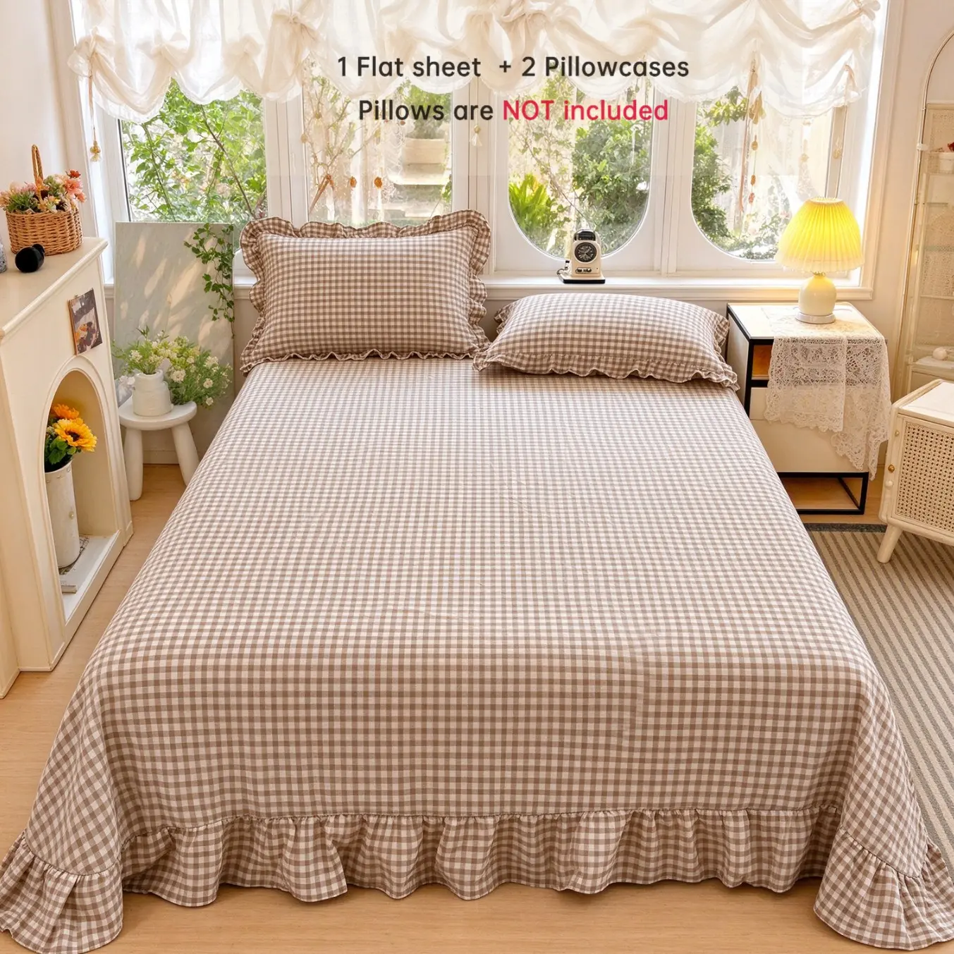 Plaid Bedding Set, 3-Piece King Size Flat Sheets, Soft Polyester Fiber, French Country Style, Cozy Bedroom Decor, All-Season Use