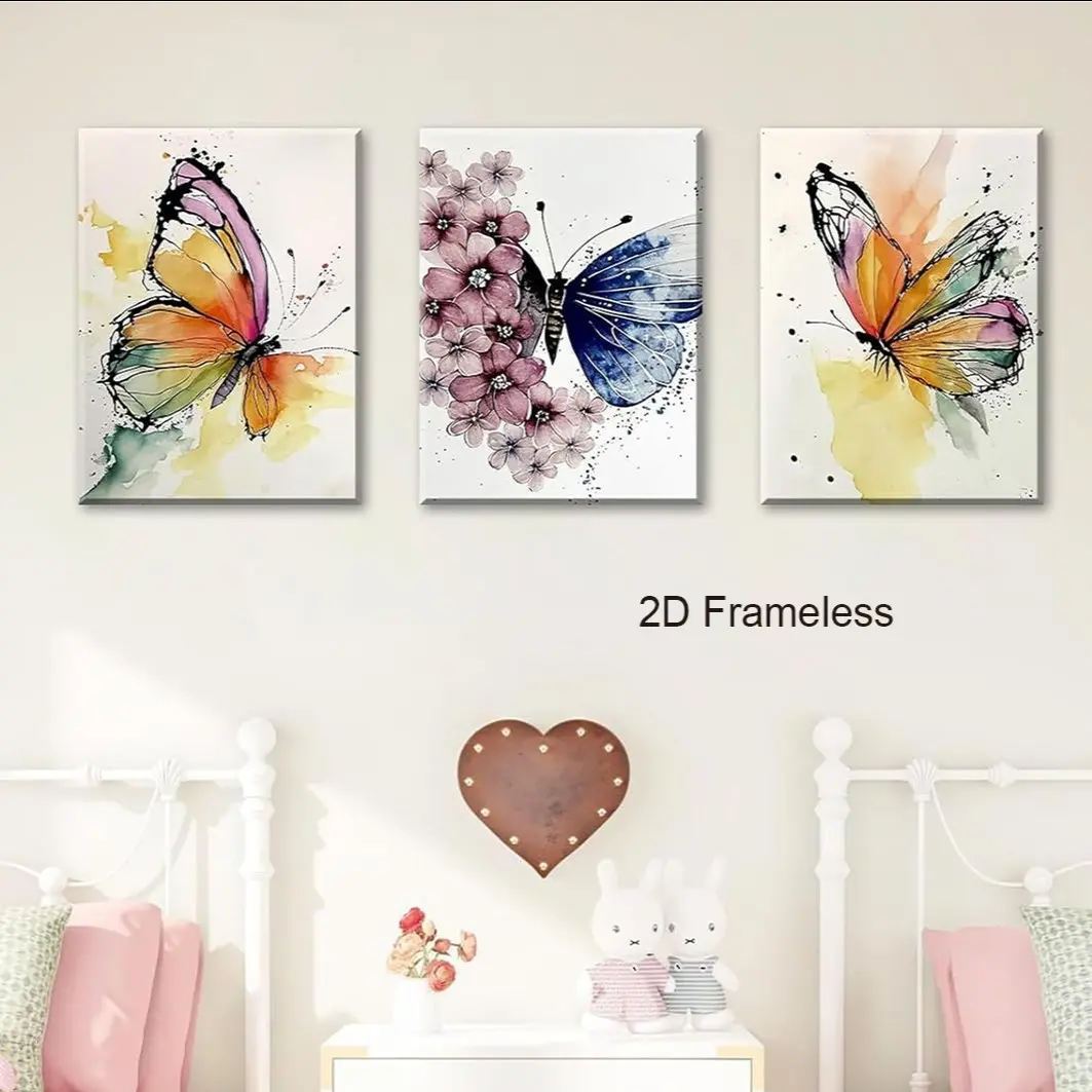 A 3-piece set of colorful butterfly canvas wall art perfect for a girl’s bedroom, made from waterproof, fade-resistant canvas—the perfect, vibrant gift for girls. Frameless.