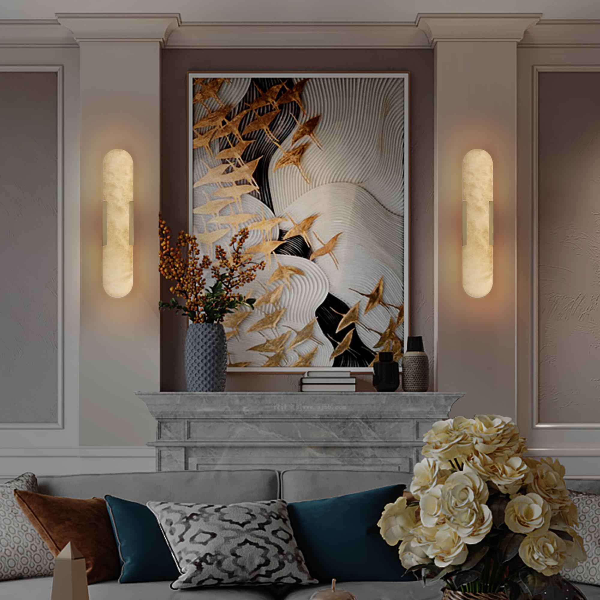 Set of 2 Luxury Gold Marble Wall Sconces, Modern Natural Stone Wall Light Fixtures with Elegant Design for Bathroom, Bedroom, Living Room, Hallway & Vanity Decor