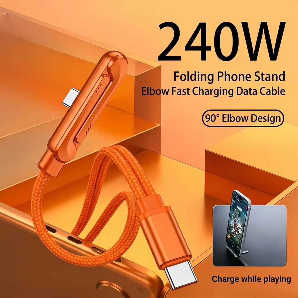 Orange  2026 Newest 240W Foldable Phone Stand Data Cable USB-C Ultra-Fast Charging Cable, 59.06-inch Charging Cable, 240W Braided Fast Charging Cable with  Phone Stand, T-Shaped Folding Design, Suitable for iPhone 15-17 Series