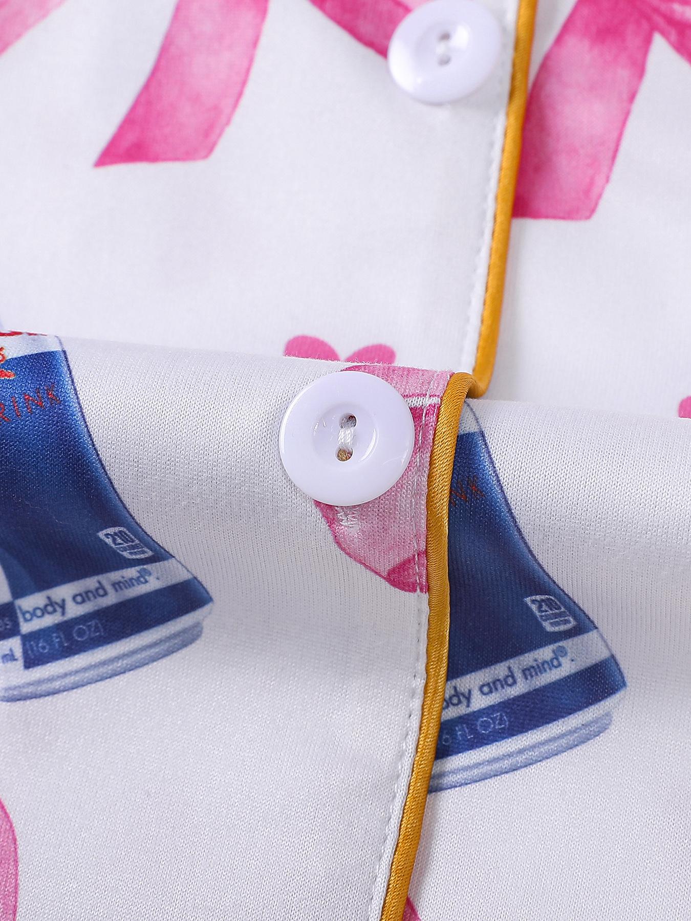 2-piece women's full body pink bow love drink bottle short sleeved shorts soft and comfortable skin friendly smooth top small pocket button closure elastic waistband suitable for all seasons home casual wear pajamas