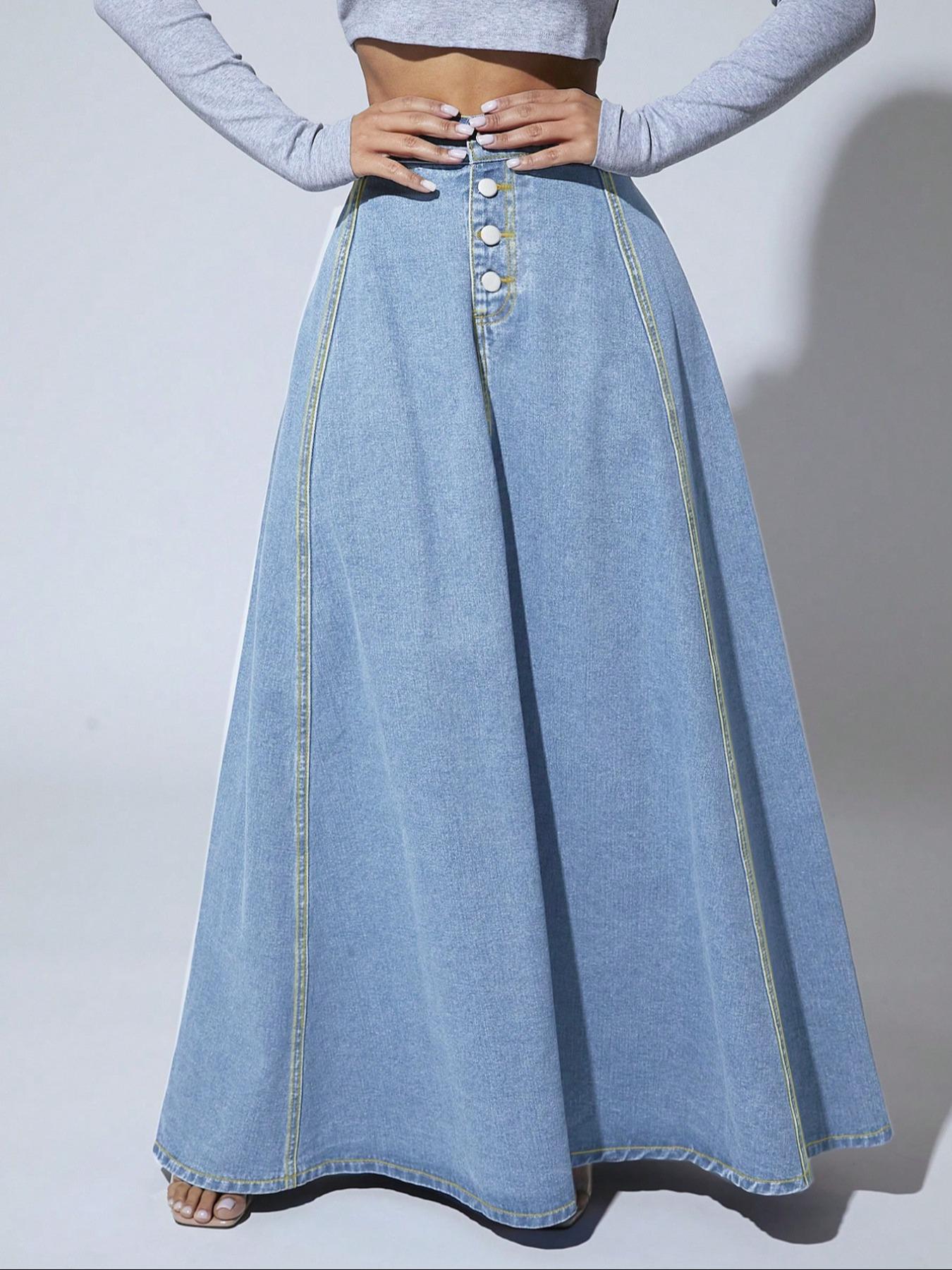 Women's Fashion Casual Washed Long Denim Button Skirt, Stylish High Waist A-Line Skirt for Daily Wear, Comfortable and Trendy Design